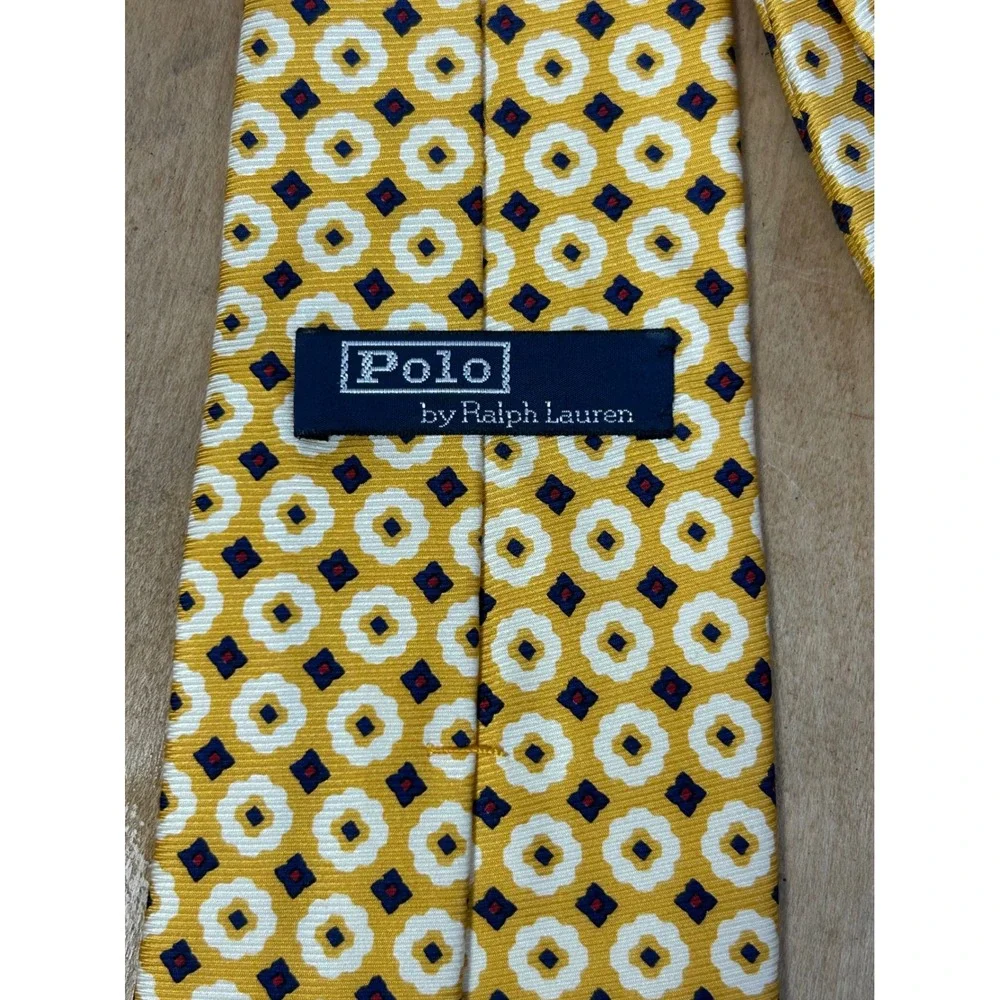 Polo Ralph Lauren Tie Mens OS Yellow Geometric Floral Medallion 100% Silk‎ USA